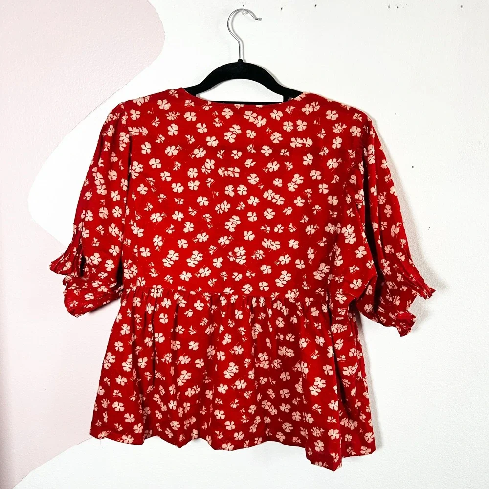 Madewell‎ Floral Peplum Top Womens Large 100% Cotton Red Puff Sleeve